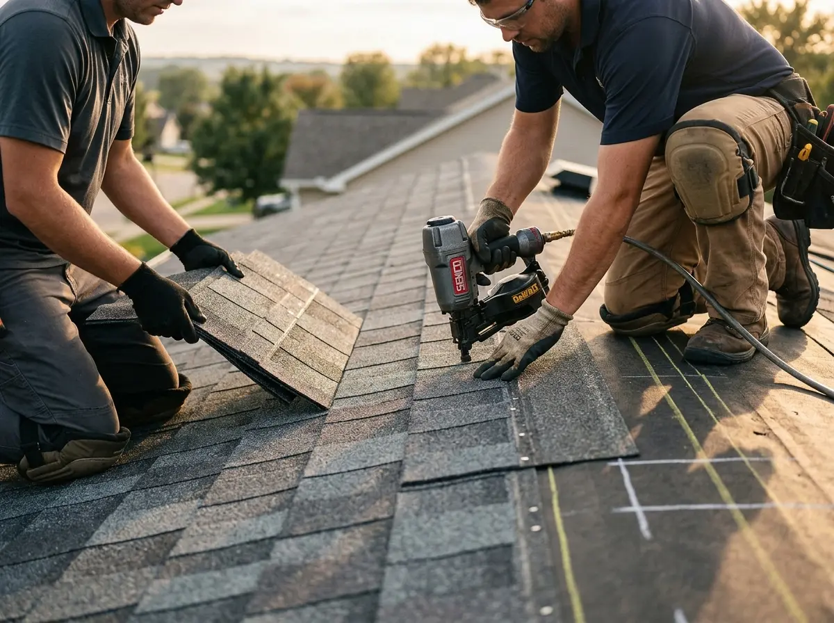 Professional roofer working on a residential roof in Spanaway